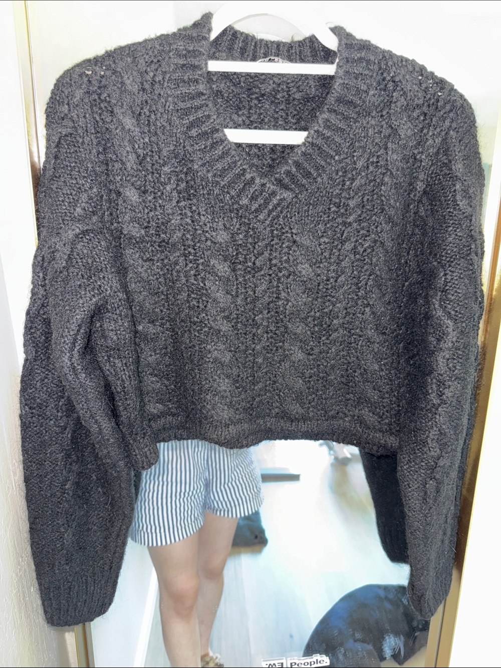 Our Legacy Black Cropped Cable-Knit V-Neck Sweater